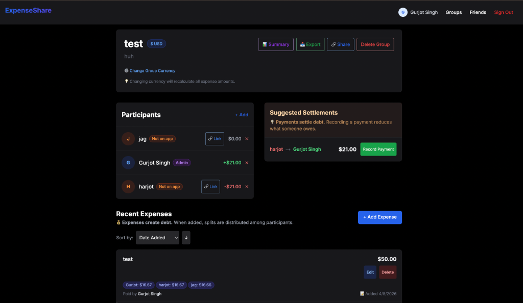 Expense Share web application dashboard interface