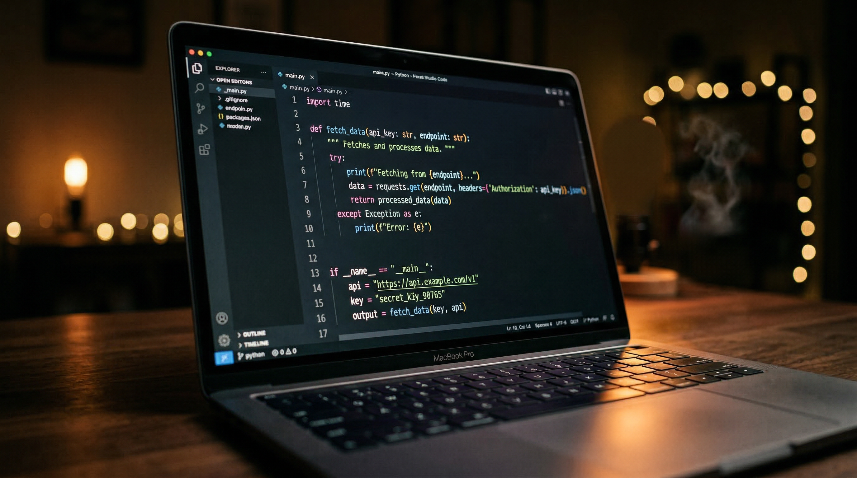 Code editor with warm ambient lighting