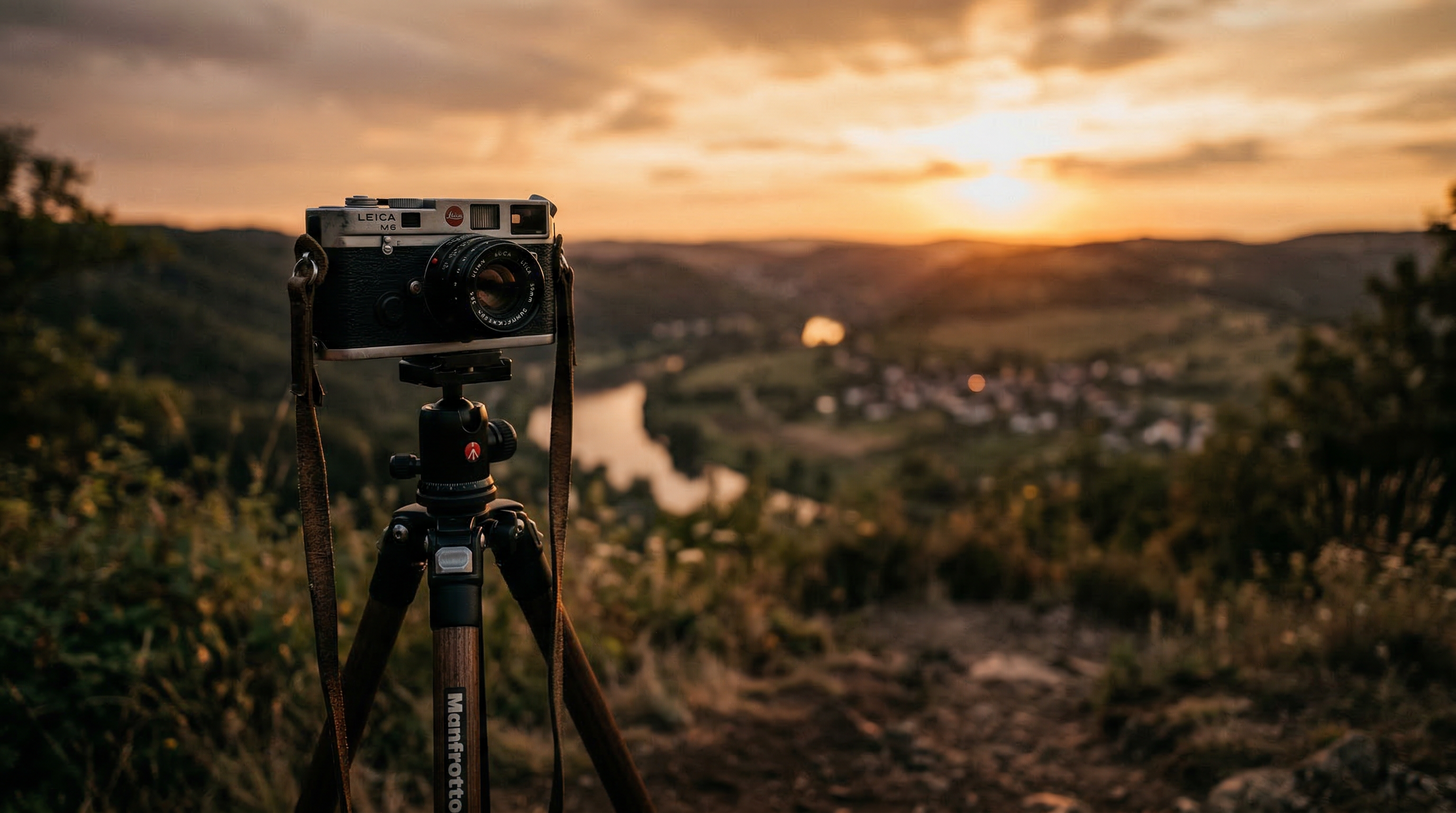 Camera on tripod at golden hour