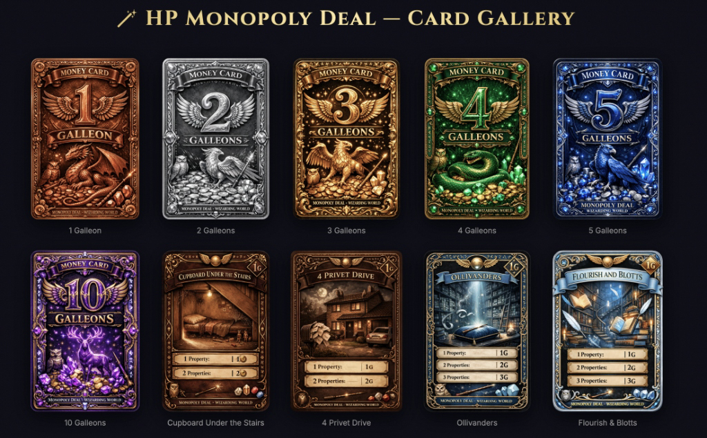 Harry Potter Monopoly Deal card gallery interface